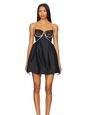Self-Portrait Taffeta Diamanté Black Dress with Satin Finish